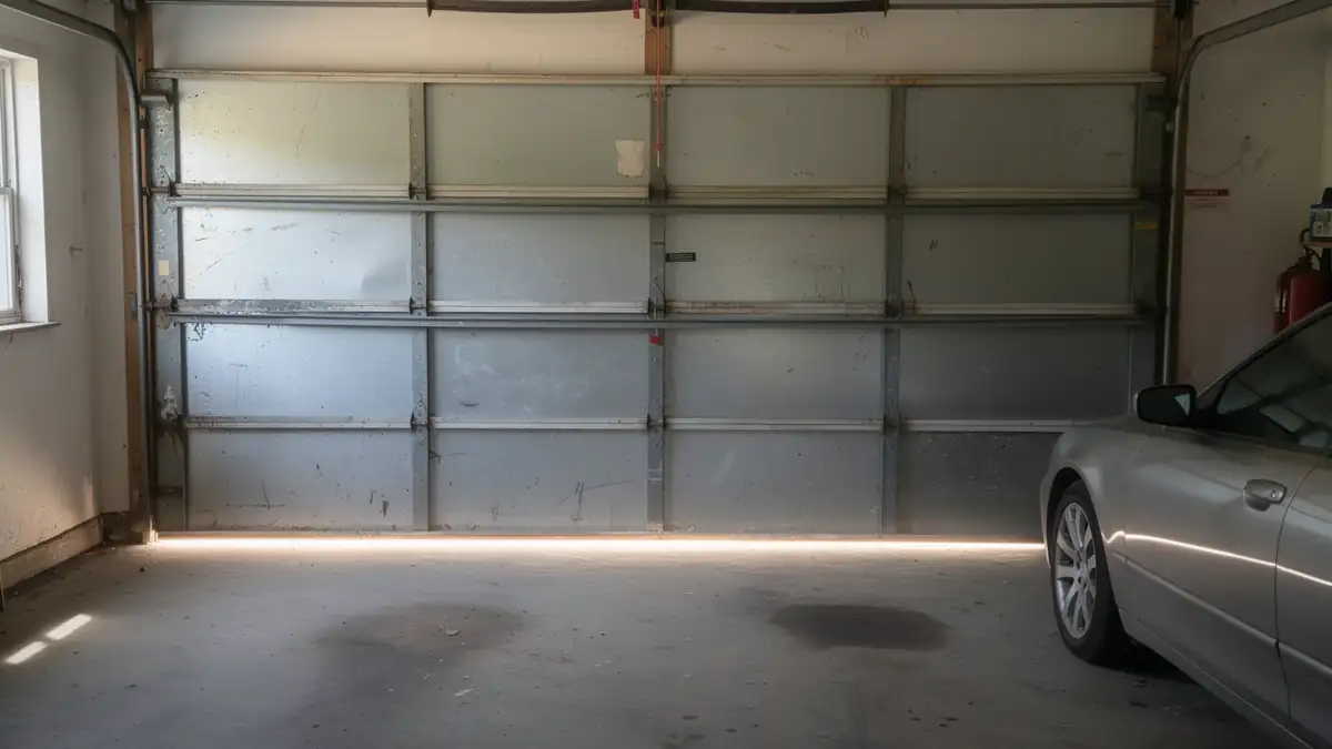 The garage door is closed with a gap at the bottom, and a car is parked inside.