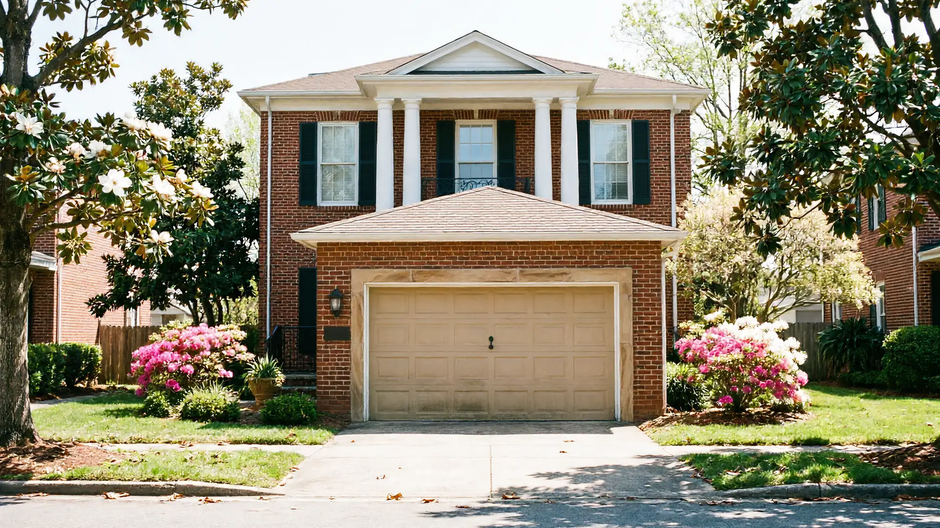 The house has a tan garage door, brick facade, and white columns.