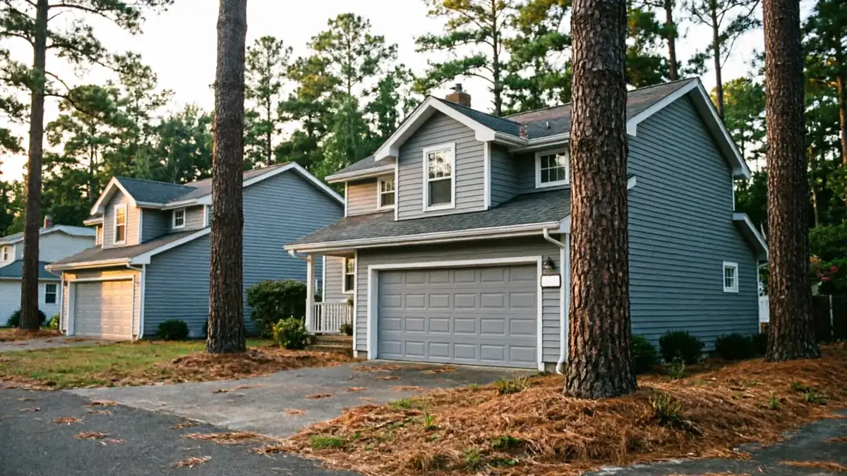 Two gray houses with gray garage doors are visible through tall pine trees.