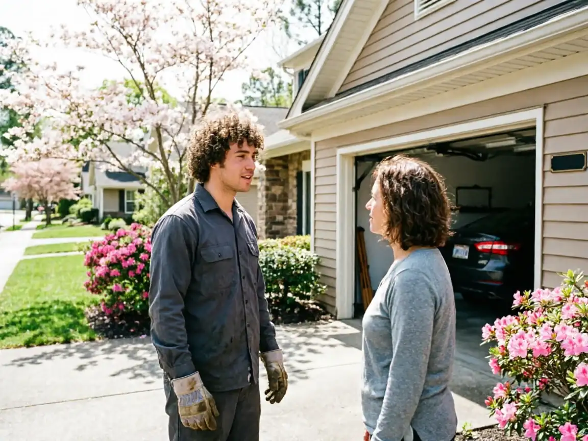 A technician wearing work gloves talks to a woman in front of an open garage.