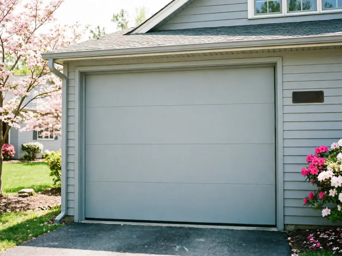 A light gray garage door is on a house with gray siding and pink flowers.