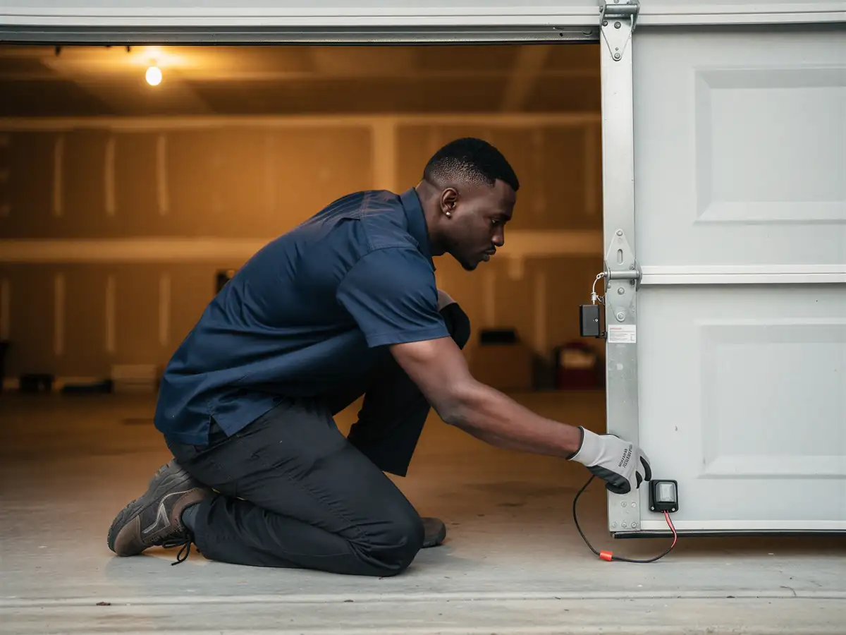 A technician kneels, adjusting a safety sensor on a white garage door.